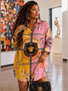 “YouSexy” Baroque Print Designer Inspired Tunic Pink Yellow Shirt Dress | XL-2X